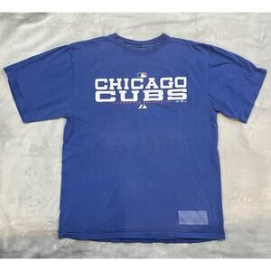 Chicago Cubs 2005 Majestic Mens Large Baseball T-Shirt Blue Graphic Distressed